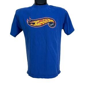 Vintage Men's 2000 Blue Green Day Medium T-Shirt Hot Wheels Style Logo Punk Y2K